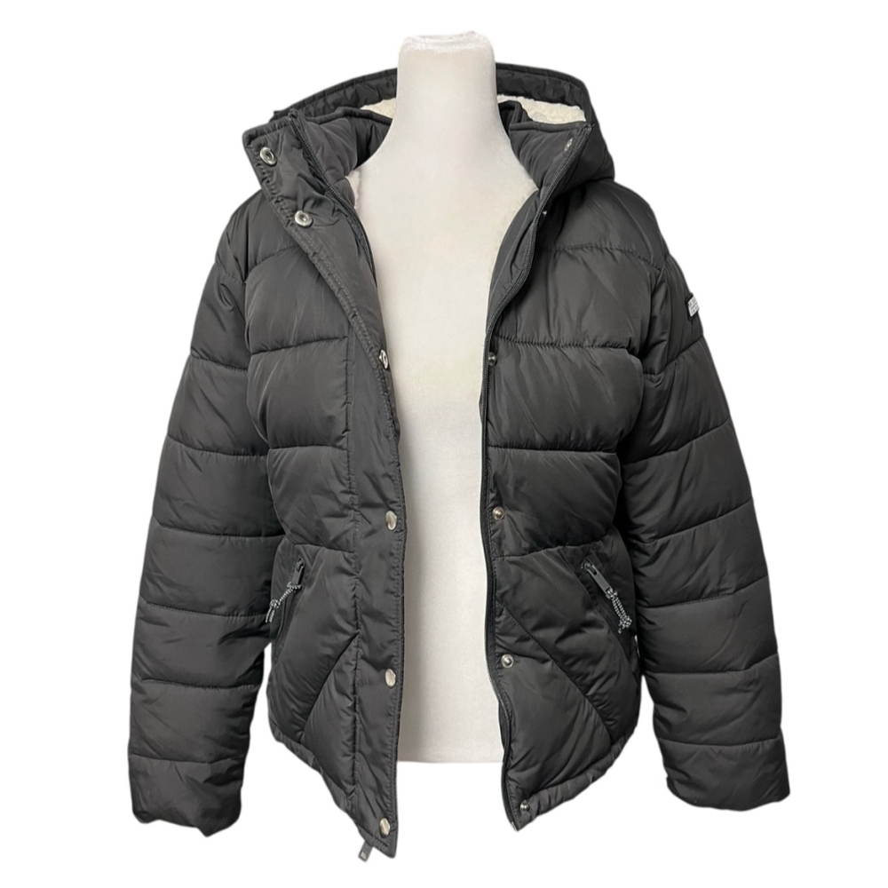 Hollister Gray Sherpa Lined Hooded Puffer Jacket Coat Size Medium - Picture 5 of 12